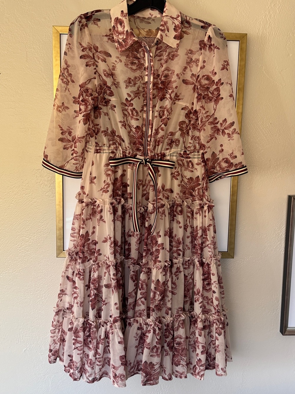 Floral Tiered Dress with Ribbon Tie- Blush & Rose